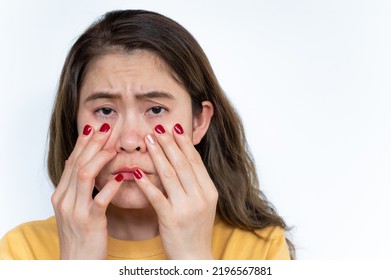 Portrait Of Asian Woman Worried About Her Acne And Wrinkled Occur On Her Face. Wrinkles Are Creases, Folds, Or Ridges In The Skin. They Naturally Appear As People Get Older.