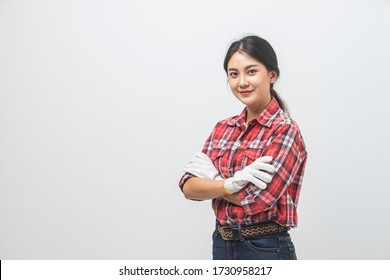 Portrait Asian Young Woman She Smiling Cross Arm In Studio. Female Farmer In Studio White Background.