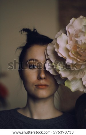 Similar – a girl with a white lily and closed eyes