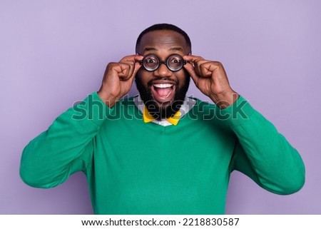 Portrait of astonished funky person hands touch glasses open mouth isolated on purple color background