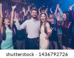 Portrait of astonished people screaming lovers become king queen holiday hug embrace wear dress formal wear suit disco discotheque