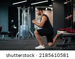 Portrait Of Athletic Black Man Making Bulgarian Split Squat Exercise At Gym, Motivated Young African American Male Training On Leg Muscles At Modern Sport Club, Enjoying Bodybuilding, Side View