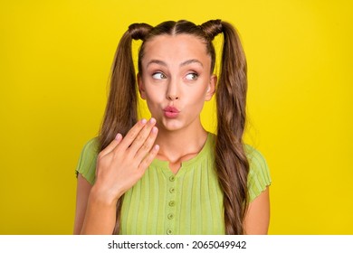 Portrait Of Attractive Amazed Funny Cheery Girl Oops Looking Aside Copy Space News Isolated Over Bright Yellow Color Background