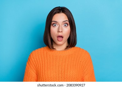 Portrait of attractive amazed girl sudden incredible news reaction wow isolated over bright blue color background - Shutterstock ID 2083390927