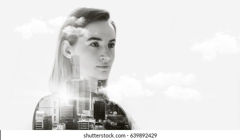 Portrait Of Attractive Business Woman, Double Exposure Concept With Business Woman And Panoramic View Contemporary Megalopolis Background