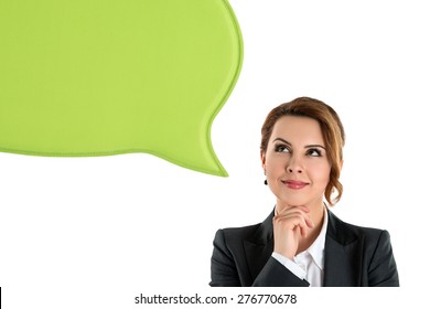 Portrait Of Attractive Business Woman Thinking And Looking Up To Blank Bubble Speech Isolated On White