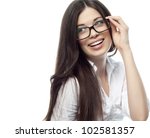 portrait of attractive  caucasian smiling woman isolated on white studio with glasses