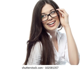 portrait of attractive  caucasian smiling woman isolated on white studio with glasses