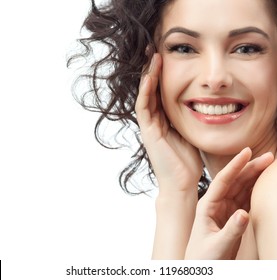 portrait of attractive  caucasian smiling woman brunette isolated on white studio shot head and shoulders face skin hand hair looking at camera
