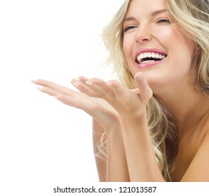 portrait of attractive  caucasian smiling woman blond isolated on white studio shot  toothy smile face long hair head and shoulders