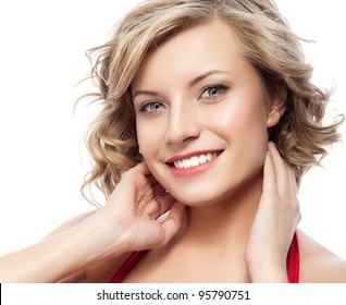 portrait of attractive  caucasian smiling woman blond isolated on white studio shot - Powered by Shutterstock