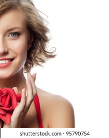 portrait of attractive  caucasian smiling woman blond isolated on white studio shot with red rose - Shutterstock ID 95790754