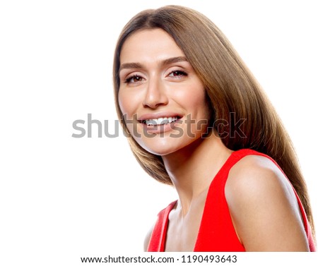 portrait of attractive  caucasian smiling woman blond isolated on white studio shot red dress toothy smile face long hair head and shoulders looking at camera
