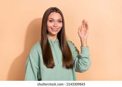 Portrait Of Attractive Cheerful Brown-haired Girl Waving Hello Isolated Over Beige Pastel Color Background