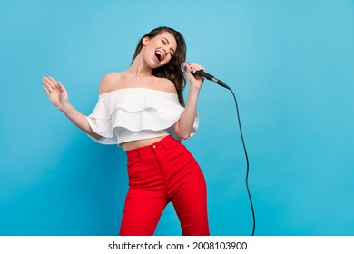 Portrait of attractive cheerful careless dreamy girl singing hit having fun rest isolated over vibrant blue color background - Shutterstock ID 2008103900