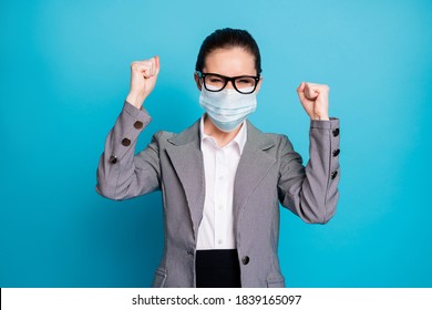 Portrait Of Attractive Cheerful Cheery Lady Coach Rejoicing Celebrating Wear Mask Isolated Over Bright Blue Color Background