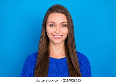 Portrait of attractive cheerful content brown-haired girl wearing warm clothes isolated over vibrant blue color background - Shutterstock ID 2114829665