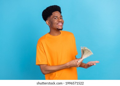 Portrait Of Attractive Cheerful Cool Arrogant Guy Holding In Hands Bunch Usd Isolated Over Bright Blue Color Background