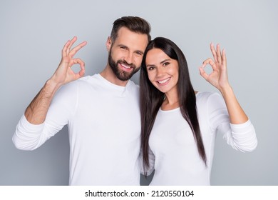 Portrait Of Attractive Cheerful Couple Hugging Showing Ok-sign Ad Advert Agree Trust Isolated Over Grey Pastel Color Background