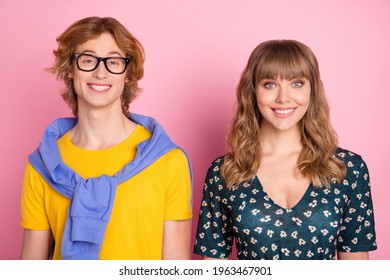 Portrait Of Attractive Cheerful Couple Sister Brother Weird Guy Pretty Woman Isolated Over Pink Pastel Color Background