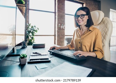 Portrait Of Attractive Cheerful Focused Girl Preparing Presentation Tech Support Improving At Workplace Workstation Indoors