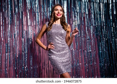 Portrait Of Attractive Cheerful Girl Drinking Wine Retro Fest 80s Prom Theme Evening Isolated On Glossy Tinsel Colorful Background