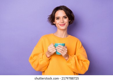 Portrait Of Attractive Cheerful Girl Drinking Herbal Tea Pause Break Isolated Over Violet Lilac Color Background