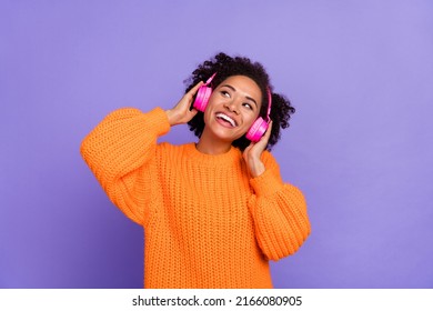 Portrait Of Attractive Cheerful Girl Fan Meloman Having Fun Good Mood Listen Jazz Bass Isolated Over Bright Purple Violet Color Background