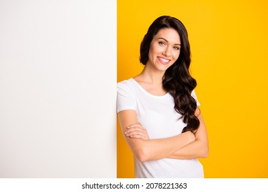 Portrait of attractive cheerful girl folded arms big board copy space isolated over bright yellow color background