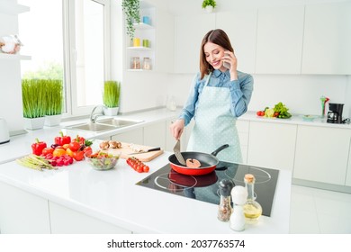 Portrait of attractive cheerful girl frying salmon steak culinary day calling friend talking hobby at home light white kitchen - Powered by Shutterstock