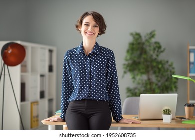 Portrait Of Attractive Cheerful Girl Hr Leader Director Real Etate Agency Broker At Work Place Station Indoors