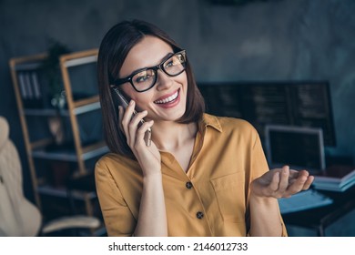 Portrait Of Attractive Cheerful Girl Hr Director Assistant Expert Using Device Calling Client At Workplace Workstation Indoors