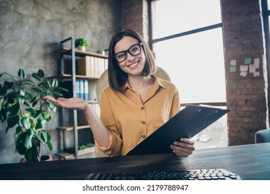 Portrait Of Attractive Cheerful Girl Leader Partner Top Hr Expert Talking On Web Discussing Development At Work Place Station Indoors