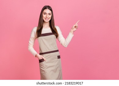 Portrait Of Attractive Cheerful Girl Manager Seller Showing Copy Space Ad Isolated Over Pink Pastel Color Background