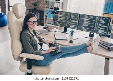 Portrait Of Attractive Cheerful Girl Web Developer Tech Support Service Providing Intranet Network At Workplace Workstation Indoors