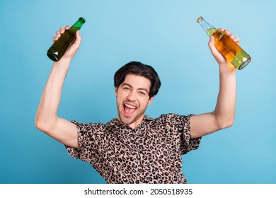 Portrait Of Attractive Cheerful Guy Drinking Beer Celebrating Great Day Weekend Isolated Over Bright Blue Color Background