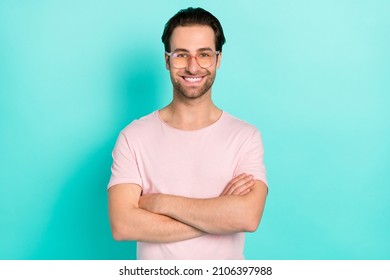 Portrait Of Attractive Cheerful Guy It Geek Specialist Folded Arms Isolated Over Bright Teal Turquoise Color Background