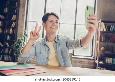 Portrait of attractive cheerful guy preparing homework taking selfie showing v-sign having fun at loft industrial interior indoors