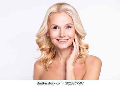 Portrait Of Attractive Cheerful Healthy Grey-haired Woman Touching Pure Soft Clean Clear Skin Isolated Over White Color Background