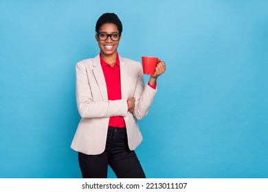 Portrait Of Attractive Cheerful Hr Director Agent Broker Drinking Espresso Isolated Over Bright Blue Color Background