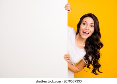 Portrait of attractive cheerful wavy-haired girl holding big board copy empty space offer isolated over bright yellow color background - Shutterstock ID 2079559333