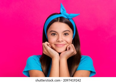 Portrait Of Attractive Cheery Cute Long-haired Girl Good Mood Isolated Over Bright Pink Magenta Color Background