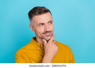 Portrait Of Attractive Cheery Dreamy Well-groomed Minded Man Guessing Clue Isolated Over Bright Blue Color Background