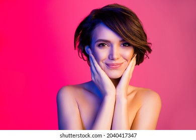 Portrait Of Attractive Cheery Girl Touching Clean Clear Smooth Skin Perfection Isolated Over Bright Lilac Multicolor Color Background