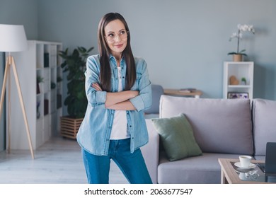 Portrait Of Attractive Cheery Long-haired Woman Employee Folded Arms Creating Solution Staying Safe At Home Indoors