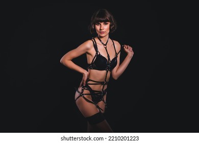 Portrait Of Attractive Cheery Nude Girl Posing Teasing Nightclub Isolated Over Dark Black Color Background