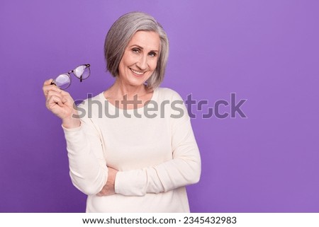 Portrait of attractive clever business woman worker handsome take off her eyewear tired strain eyes isolated on violet color backgroud