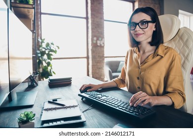 Portrait Of Attractive Clever Smart Skilled Girl Qualified Cyber Engineer Writing Html Css Php Framework At Workplace Workstation Indoors