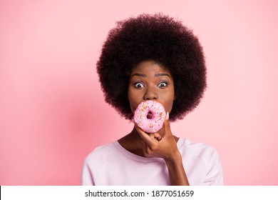 Portrait of attractive comic funny girlish wavy-haired girl closing mouth with fresh baked tasty donut fooling isolated over pink color background