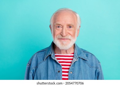 Portrait Of Attractive Content Cheery Grey-haired Middle-aged Man In Denim Jacket Isolated Over Bright Teal Turquoise Color Background